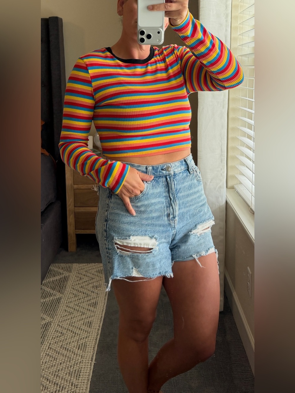 VTG Style Rainbow Striped Ribbed Long Sleeve Crop Top